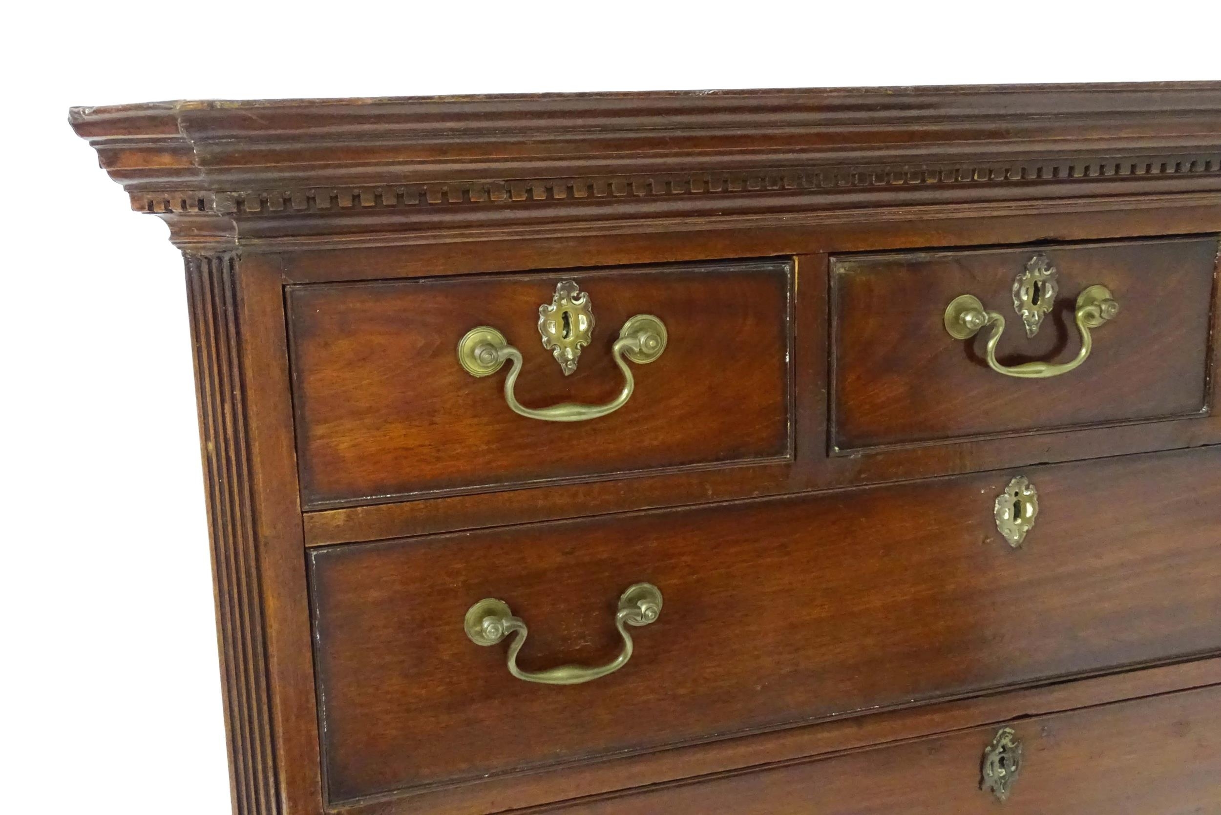 A mid / late 18thC mahogany chest on chest with moulded cornice above a dentil carved frieze, having - Image 10 of 14