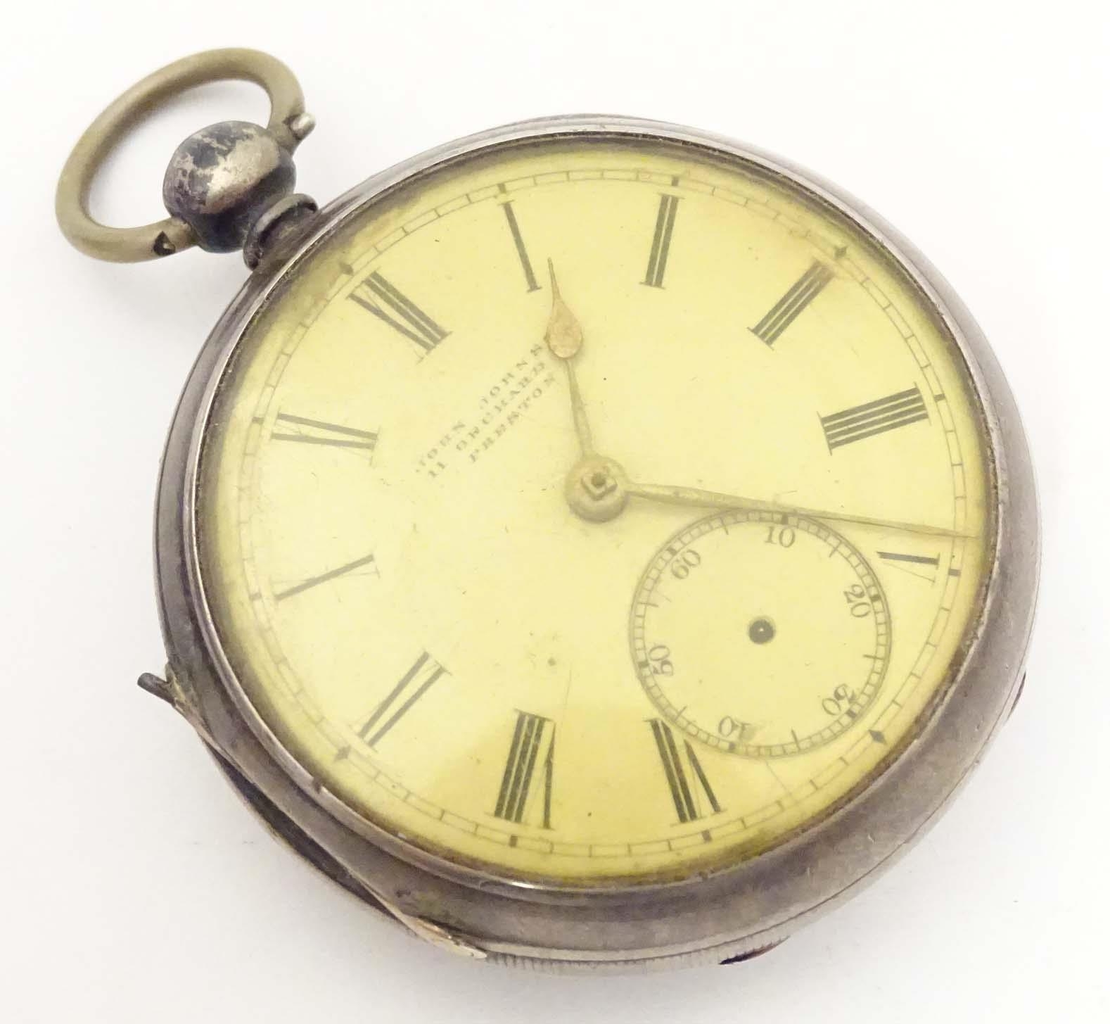 A Victorian silver pocket watch hallmarked Chester 1871, the enamel dial with inset seconds dial and - Image 3 of 18