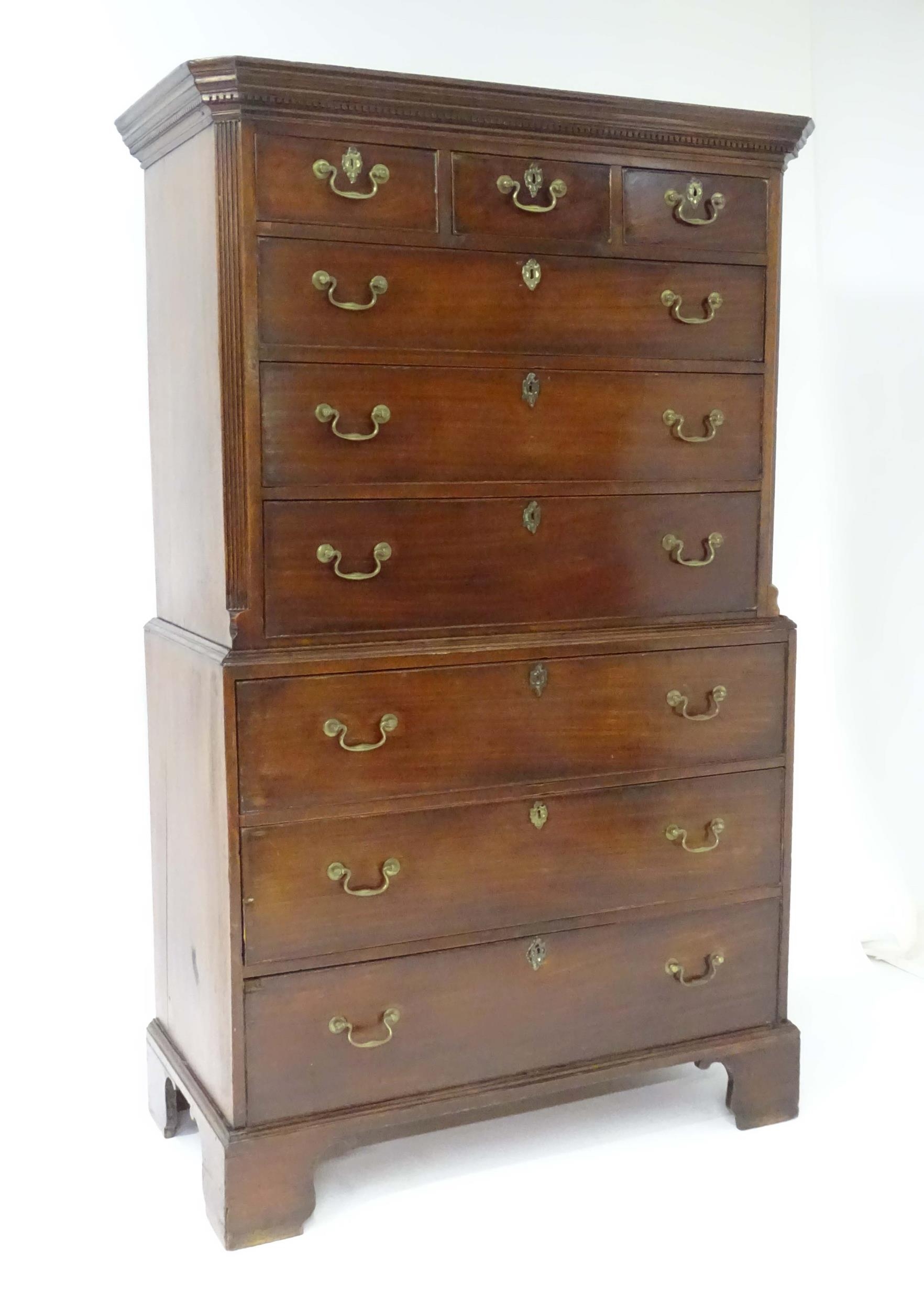 A mid / late 18thC mahogany chest on chest with moulded cornice above a dentil carved frieze, having - Image 8 of 14