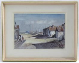 Roland Hilder (1905-1993), Watercolour, Shellness Hamlet, Isle of Sheppey, with a view of moored