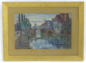 A. B. D., 19th century, Watercolour, Malines, Figures crossing the Fonteinbrug bridge in Mechelen,