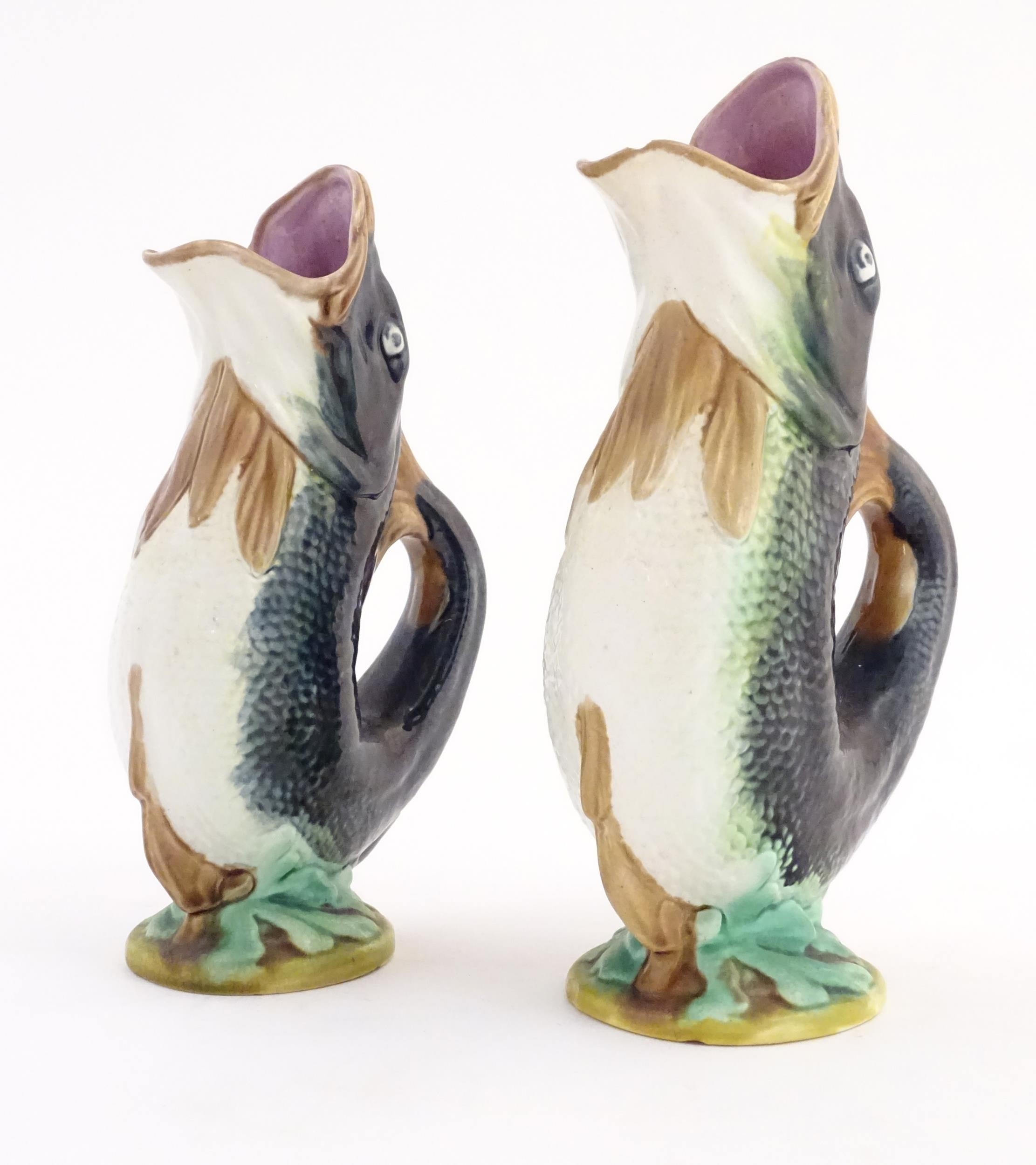 Two Victorian majolica gurgle jugs modelled as fish. Marked under 116. Largest approx. 9 3/4" - Image 12 of 16