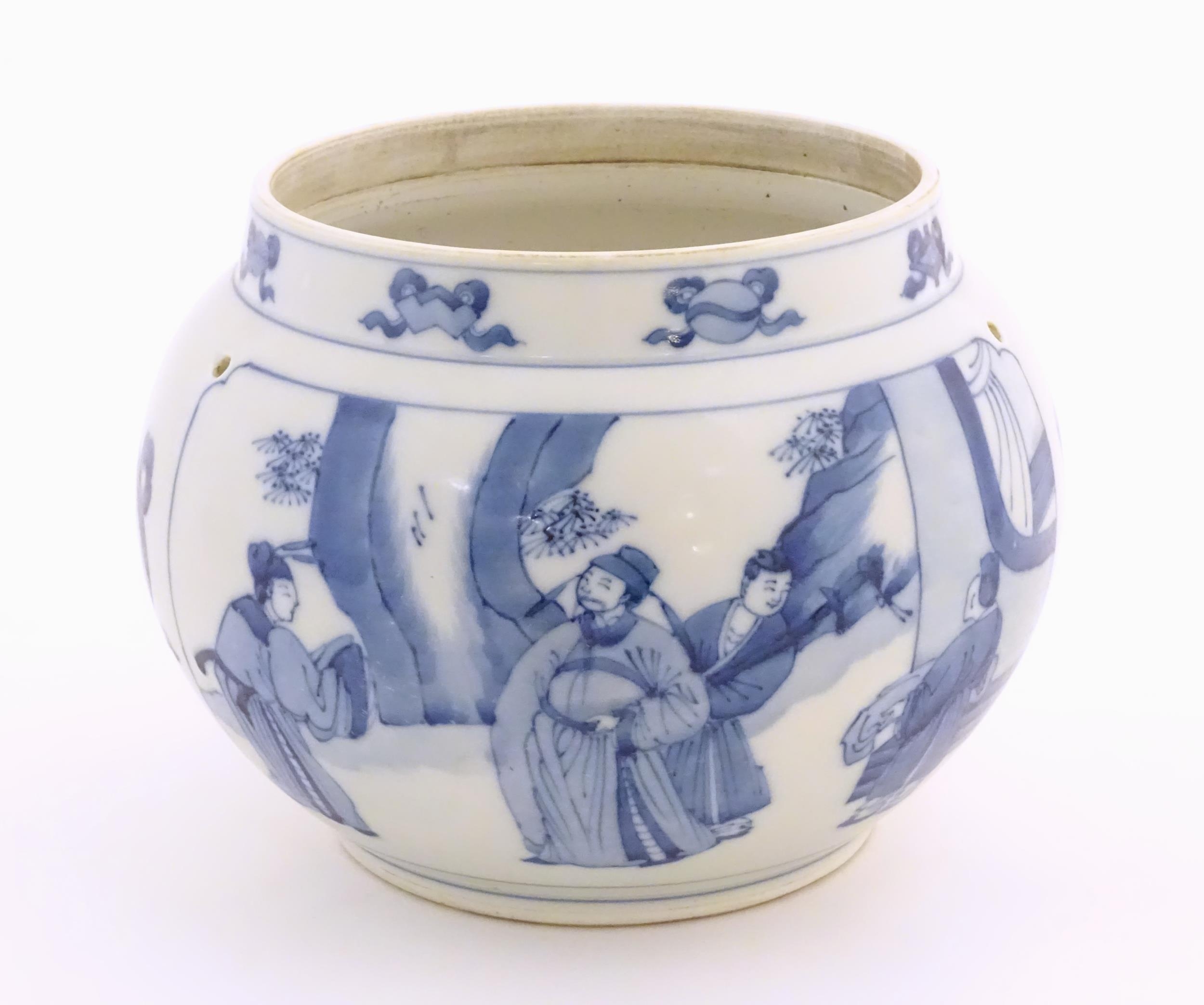 A Chinese blue and white planter with four drilled hanging holes, decorated with panelled decoration