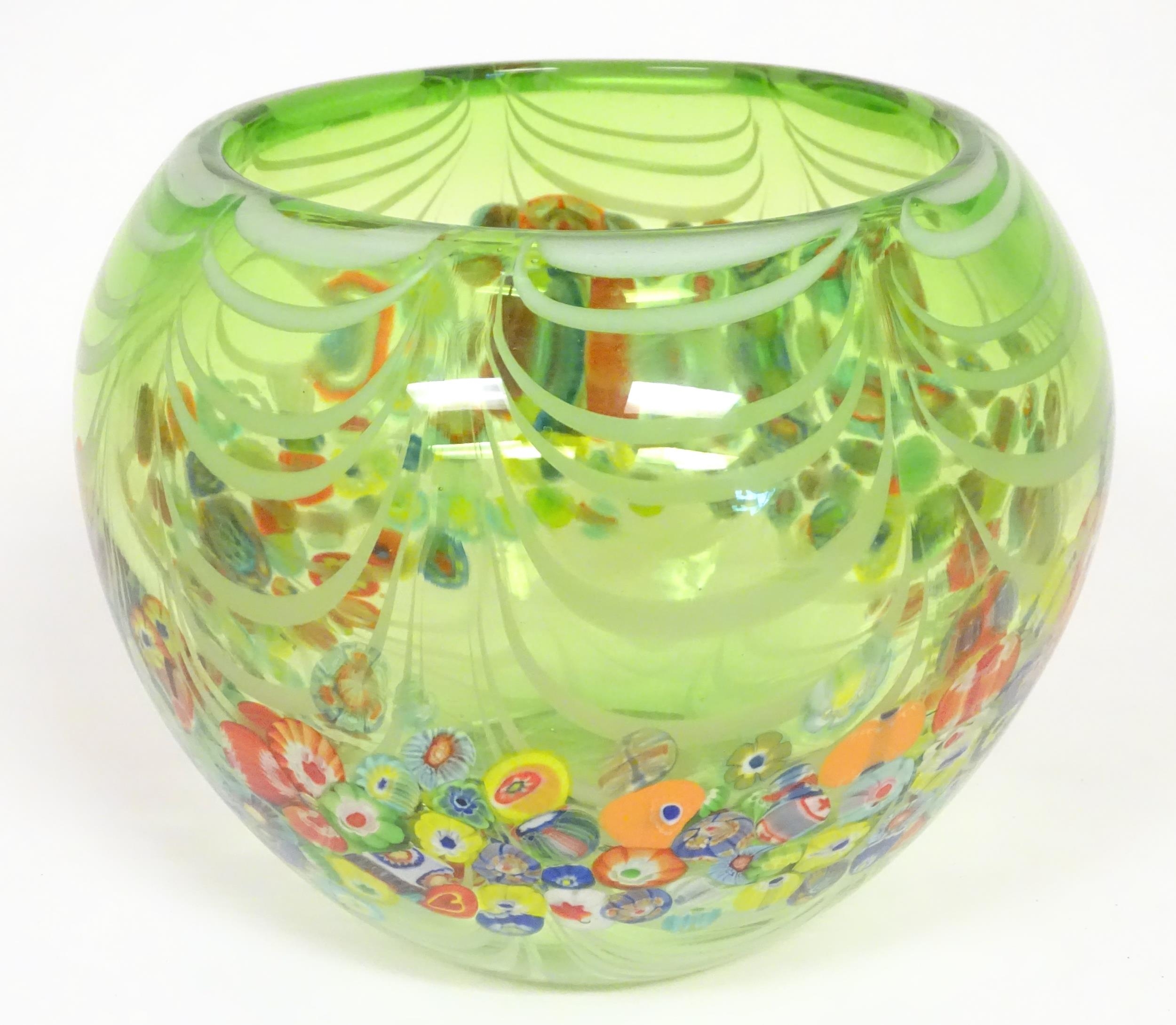 A green glass bowl with millefiori style decoration. Approx 7 1/2" high x 9" wide Please Note - we - Image 2 of 6