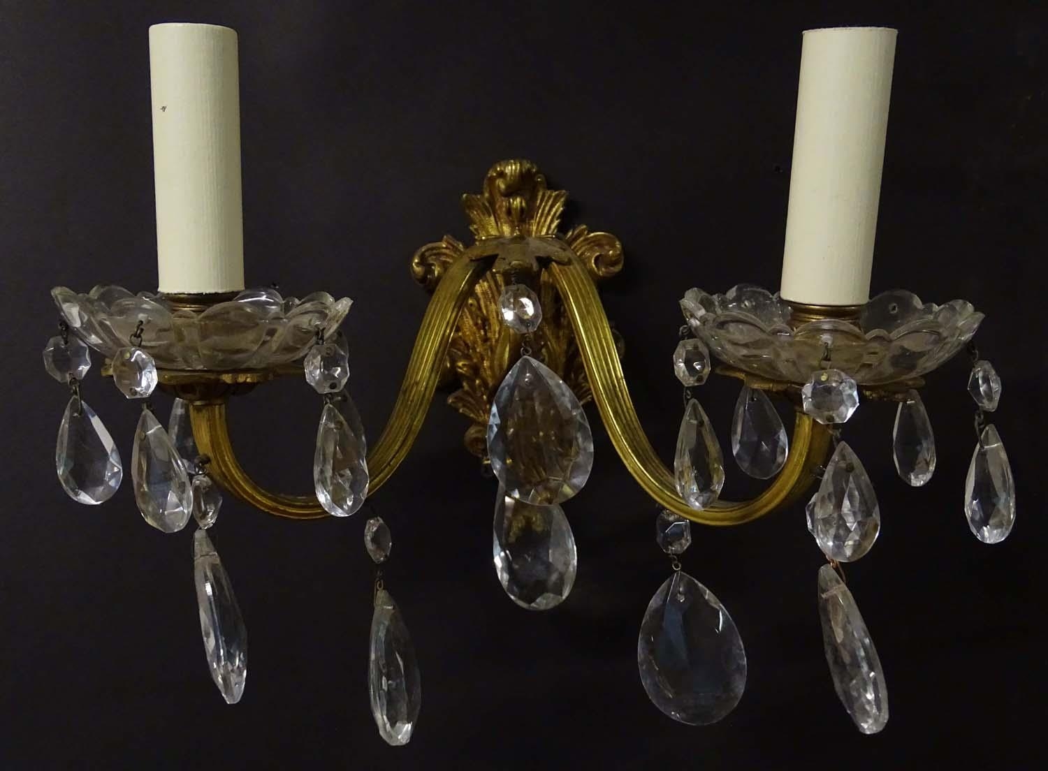 A pair of 20thC gilt twin branch wall lights, the gilt mounts supporting cut glass cups with - Image 4 of 15