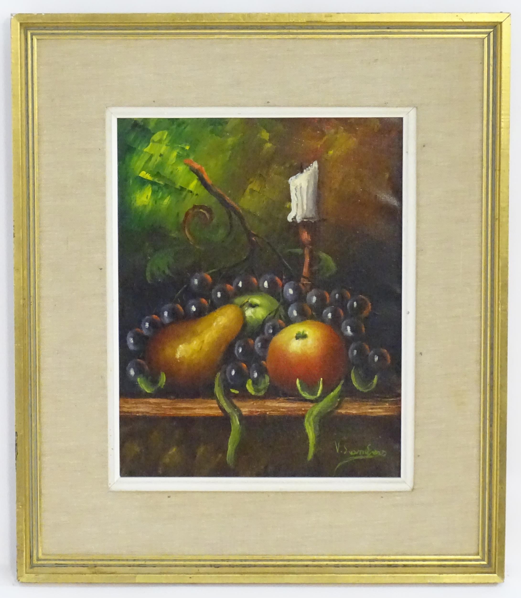 V. Sambers, 20th century, Oil on canvas, A still life study with fruit and a candle. Signed lower - Image 3 of 4