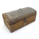 A 19thC pony skin cover dome topped travelling document box / trunk with studded leather edging, and