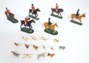 Toys: 20thC painted lead hunting figures comprising six figures on horseback, and 13 gun dogs /