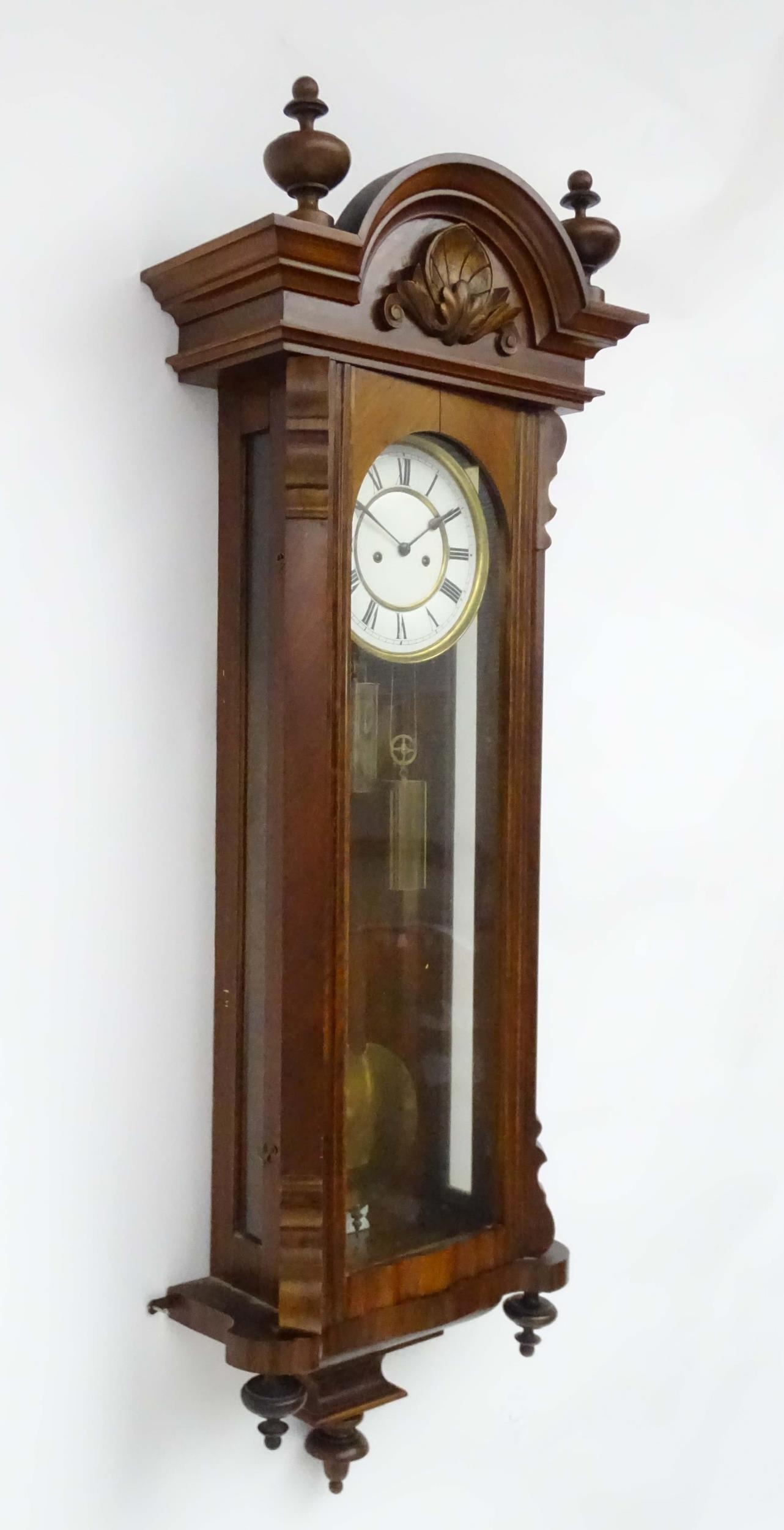 A Victorian walnut cased Vienna regulator wall clock with twin weight driven movement and white - Image 3 of 14