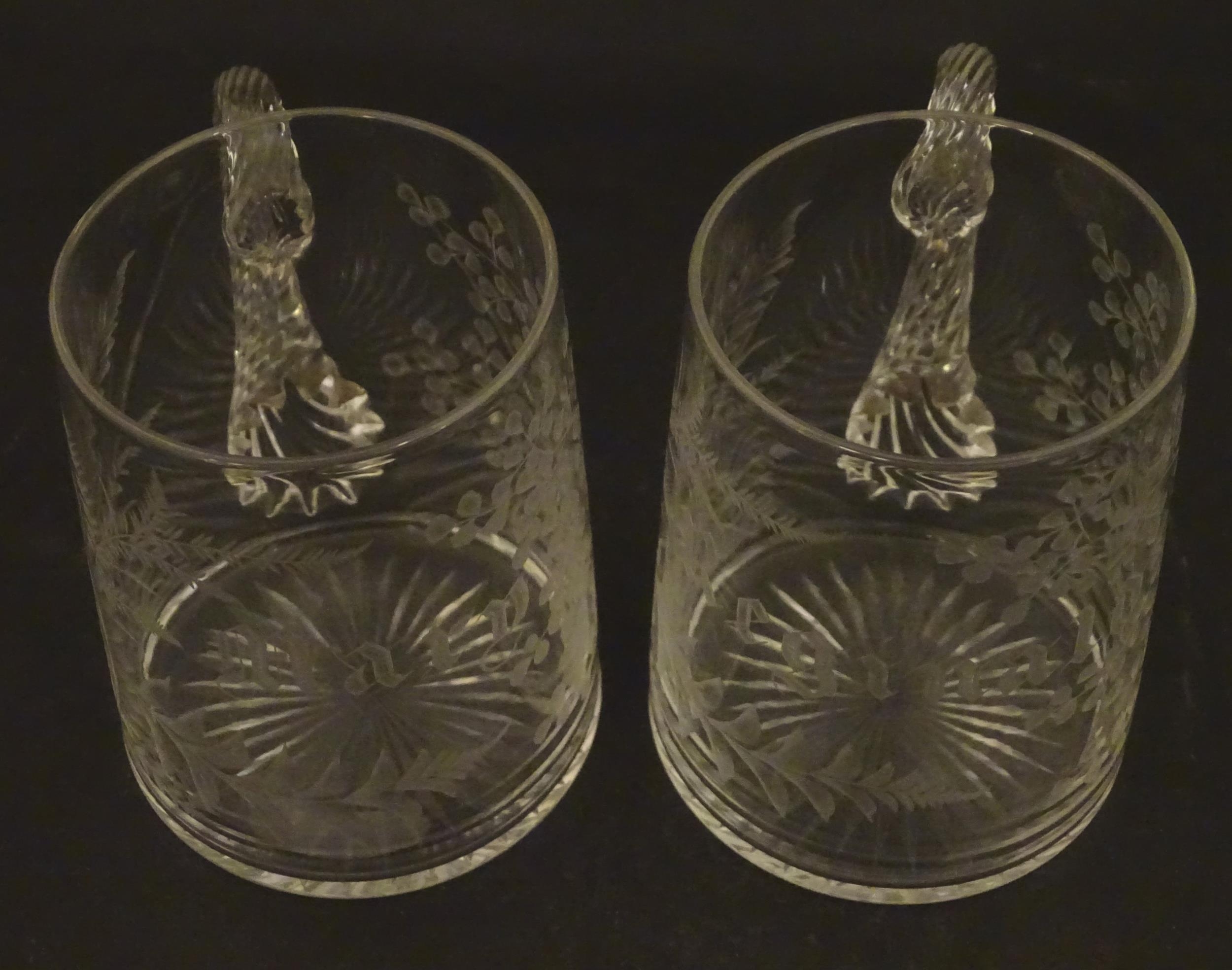 Two 19thC glass tankards with twist handles and engraved foliate decoration. One titled 'Mary', - Image 4 of 9