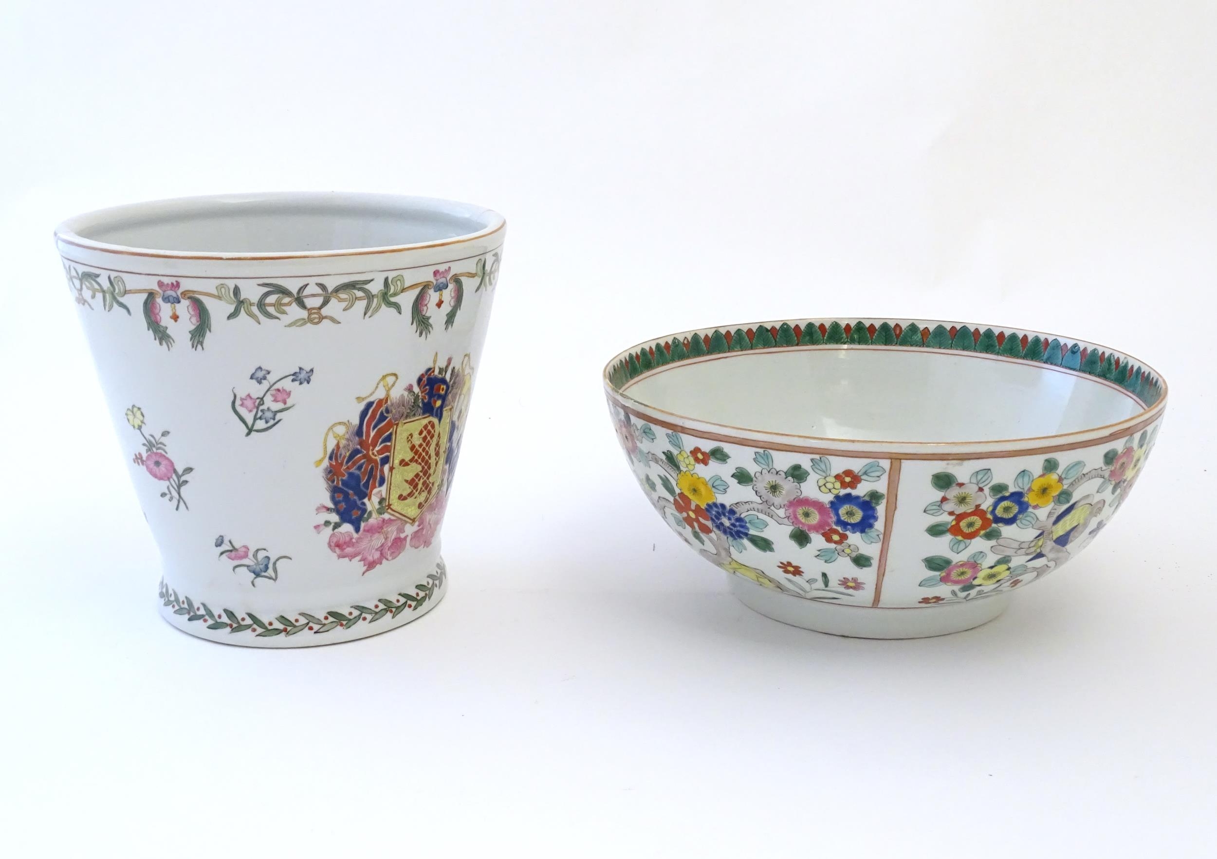 A Chinese bowl decorated with birds and flowers. Together with a Chinese planter / jardiniere of - Image 3 of 9