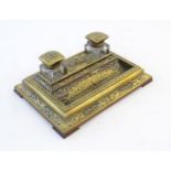 A Victorian Boulle work desk stand / ink standish, the twin square sectioned inkwells flanking a
