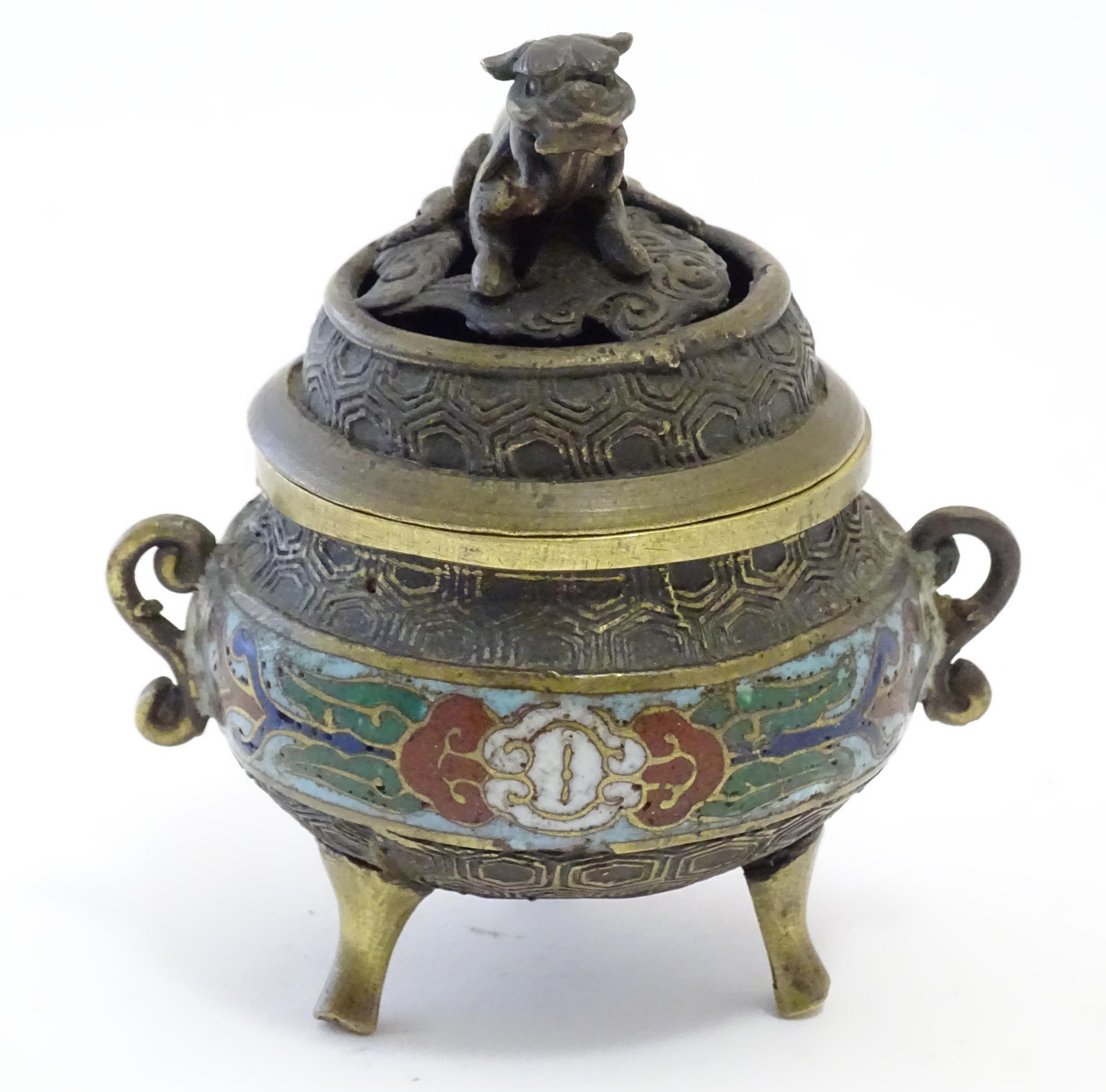 A Chinese cast brass three footed lidded censer, the body with twin handles and banded enamel - Image 2 of 8