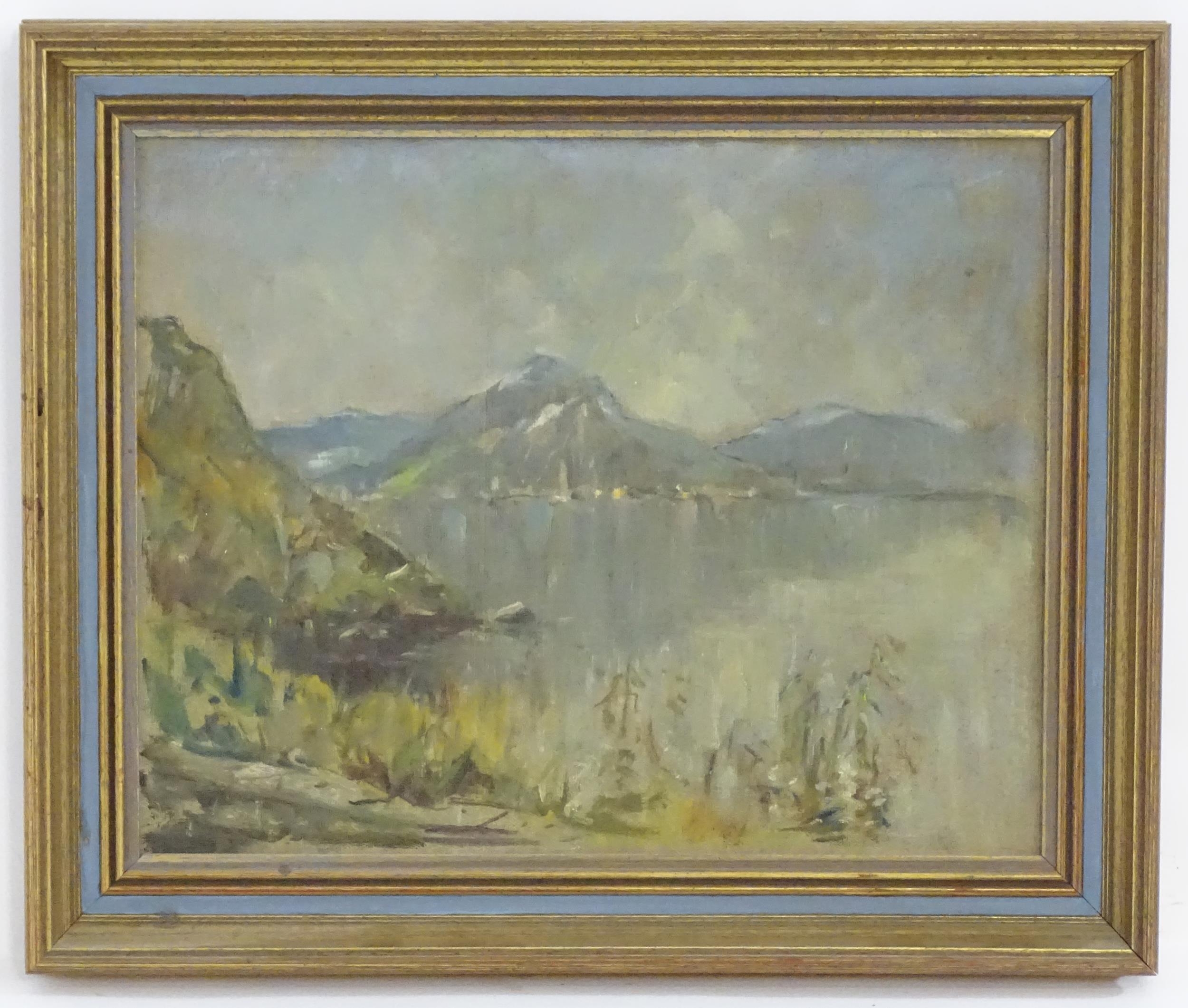 Arthur Spooner (1873-1962), Oil on board, A landscape with a lake and mountains. Ascribed to label