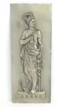 A 20th century cast metal plaque depicting the god Mercury / Hermes in relief with his caduceus