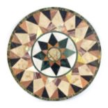 A Grand Tour style specimen marble table top of circular form with central starburst and banded