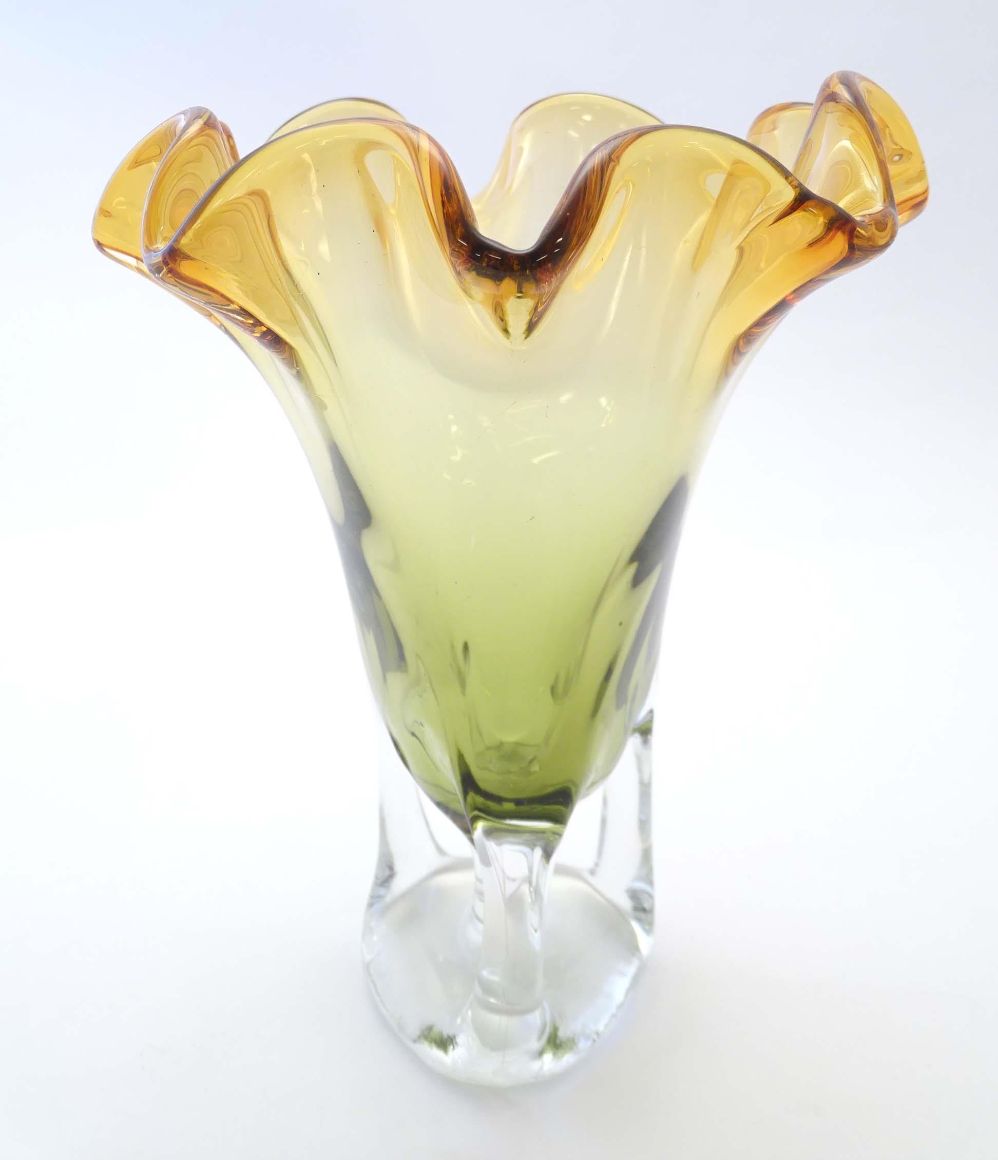 A studio glass vase with amber flared rim and body on a open clear glass base. Approx 11" high - Image 5 of 7