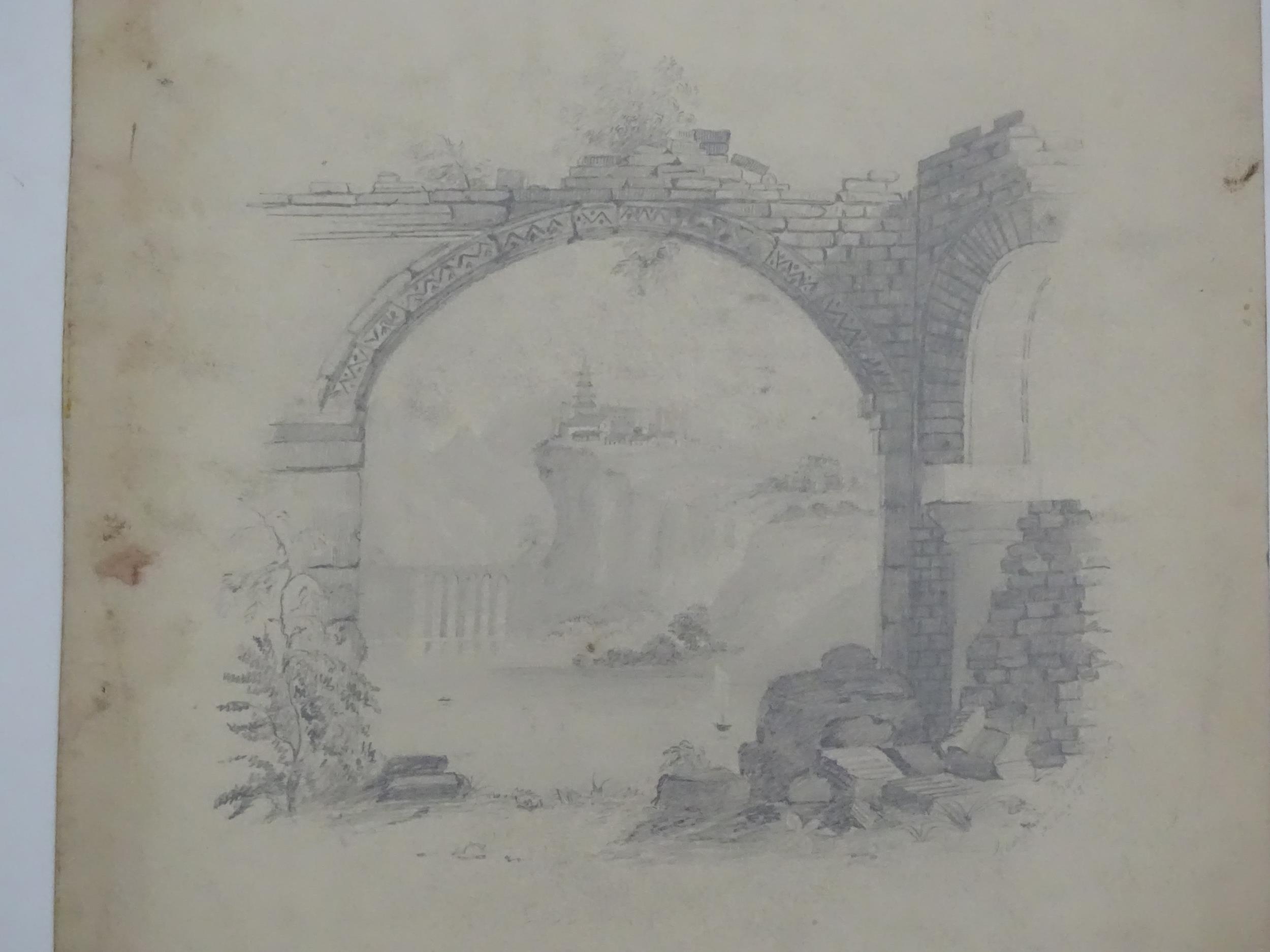 Georgiana Beech, 19th century, Pencil, An arch ruin with a view of a river with arch bridge, - Image 6 of 8