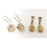 9ct gold drop earrings, to include one pair set with cabochon and chip set diamond, the other with