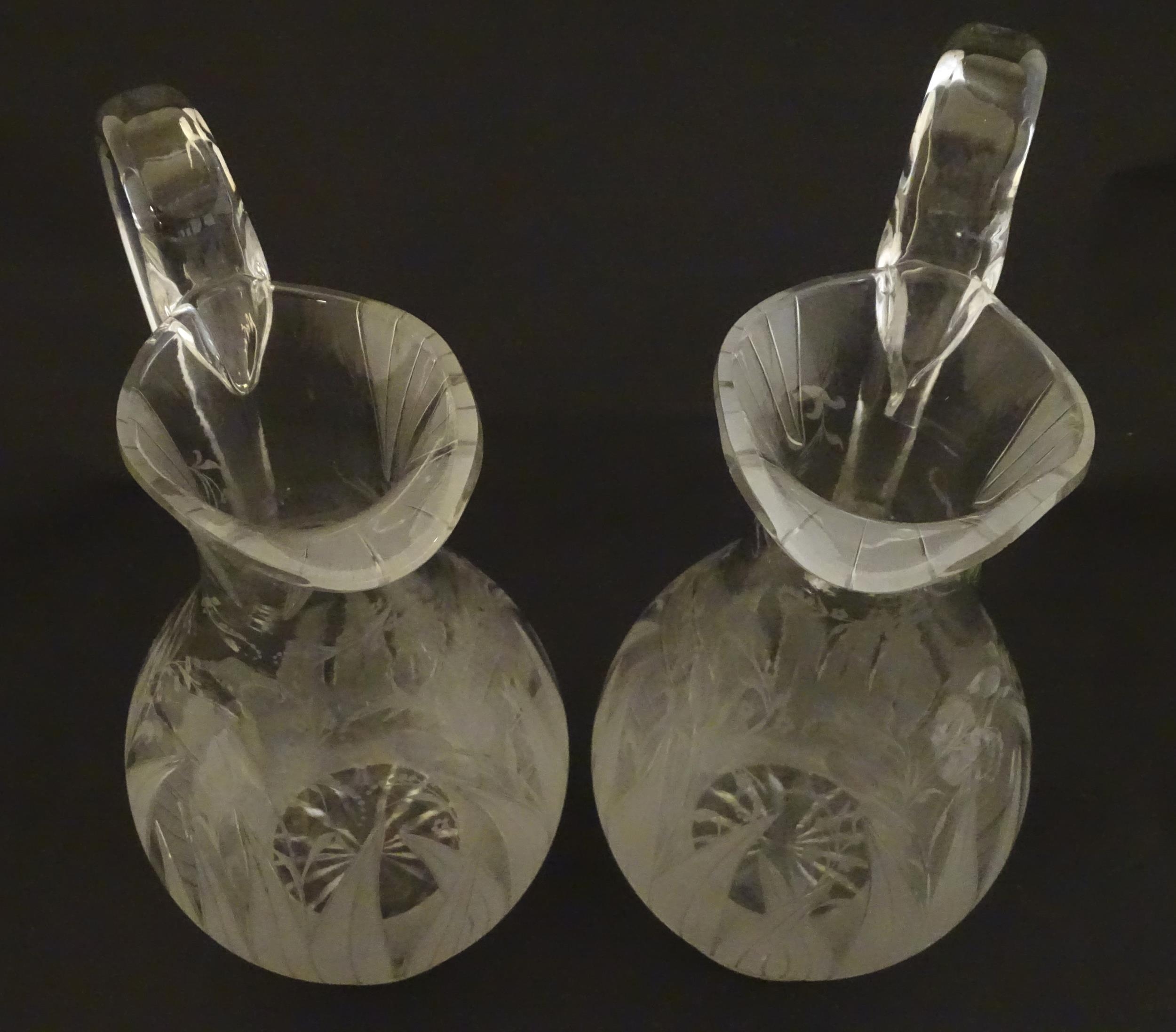 A pair of 19thC jugs with etched decoration depicting floral and foliate detail probably by - Image 2 of 9