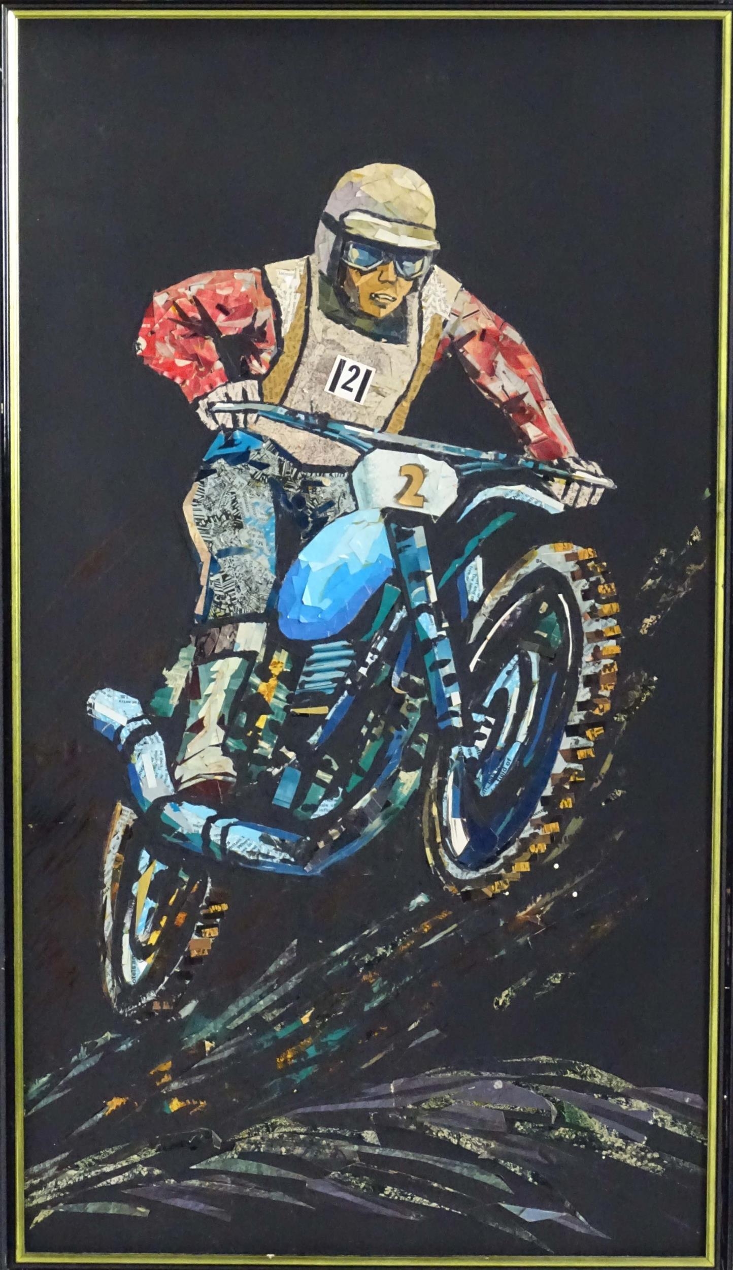 20th century, Collage, A portrait of a motorcycle / speedway / motocross rider. Approx. 29 1/4" x 16 - Image 3 of 3