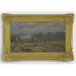 Percy Gravely, Early 20th century, Oil on board, A landscape with a wooden gate. Approx. 4 1/4" x