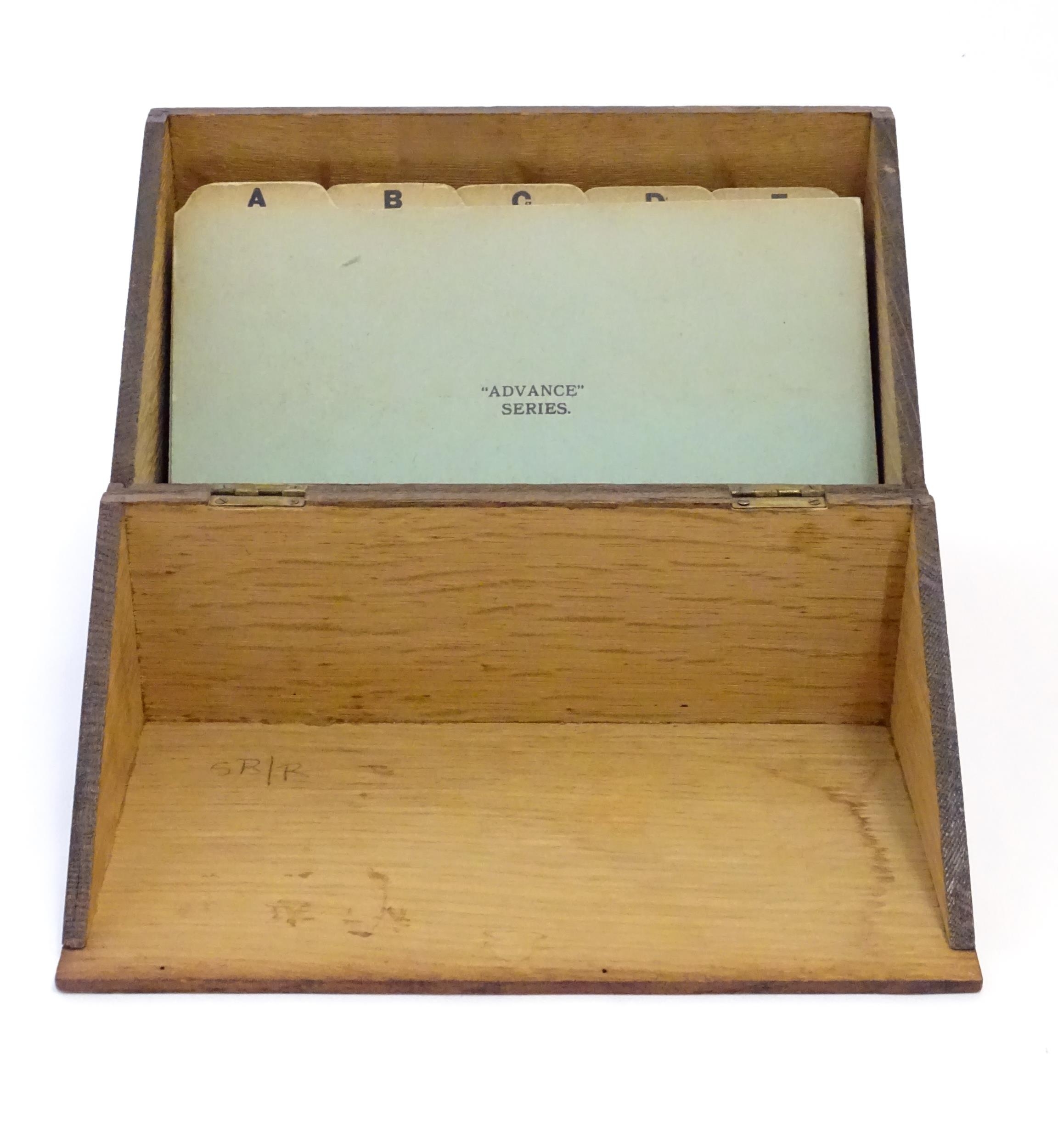 A 20thC oak correspondence / address box. Approx. 6" high x 8 3/4" wide x 4 1/2" deep Please - Image 10 of 16