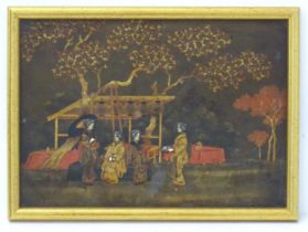 A Japanese lacquered panel with relief shibayama and gilt decoration depicting four Geisha ladies