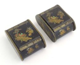 Two 20thC lacquered boxes with hinged lids decorated with chinoiserie decoration with pagodas in