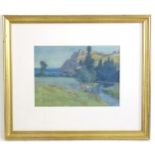 Frank Potter, Early 20th century, Watercolour, A landscape with stream and a hilltop castle ruin.