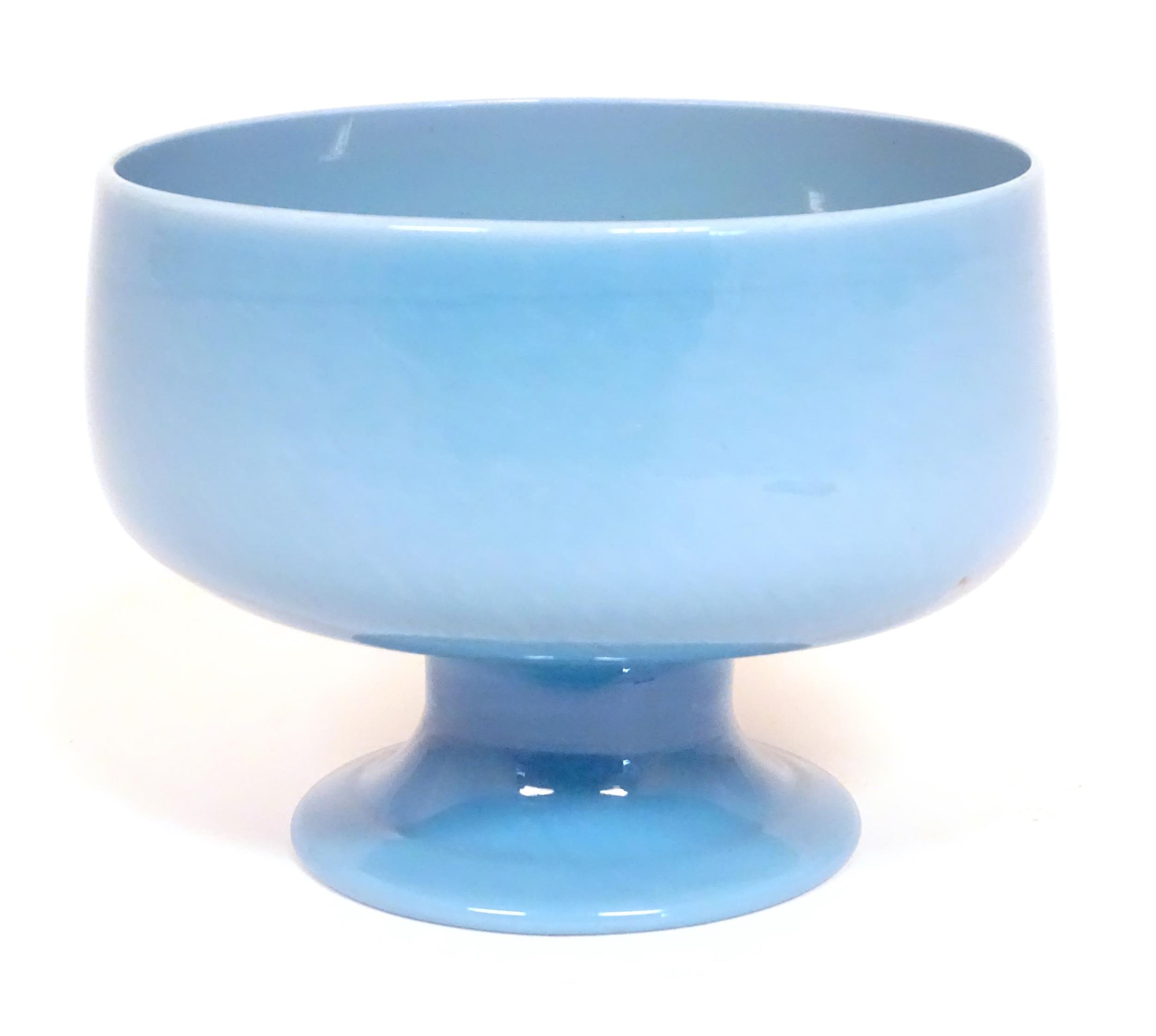 A 19thC opaline blue glass sugar bowl with pedestal foot. Approx 5" diameter x 3 3/4" high Please - Image 3 of 5