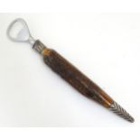 A Victorian antler handled bottler opener with silver collar and mount, hallmarked Sheffield 1888,