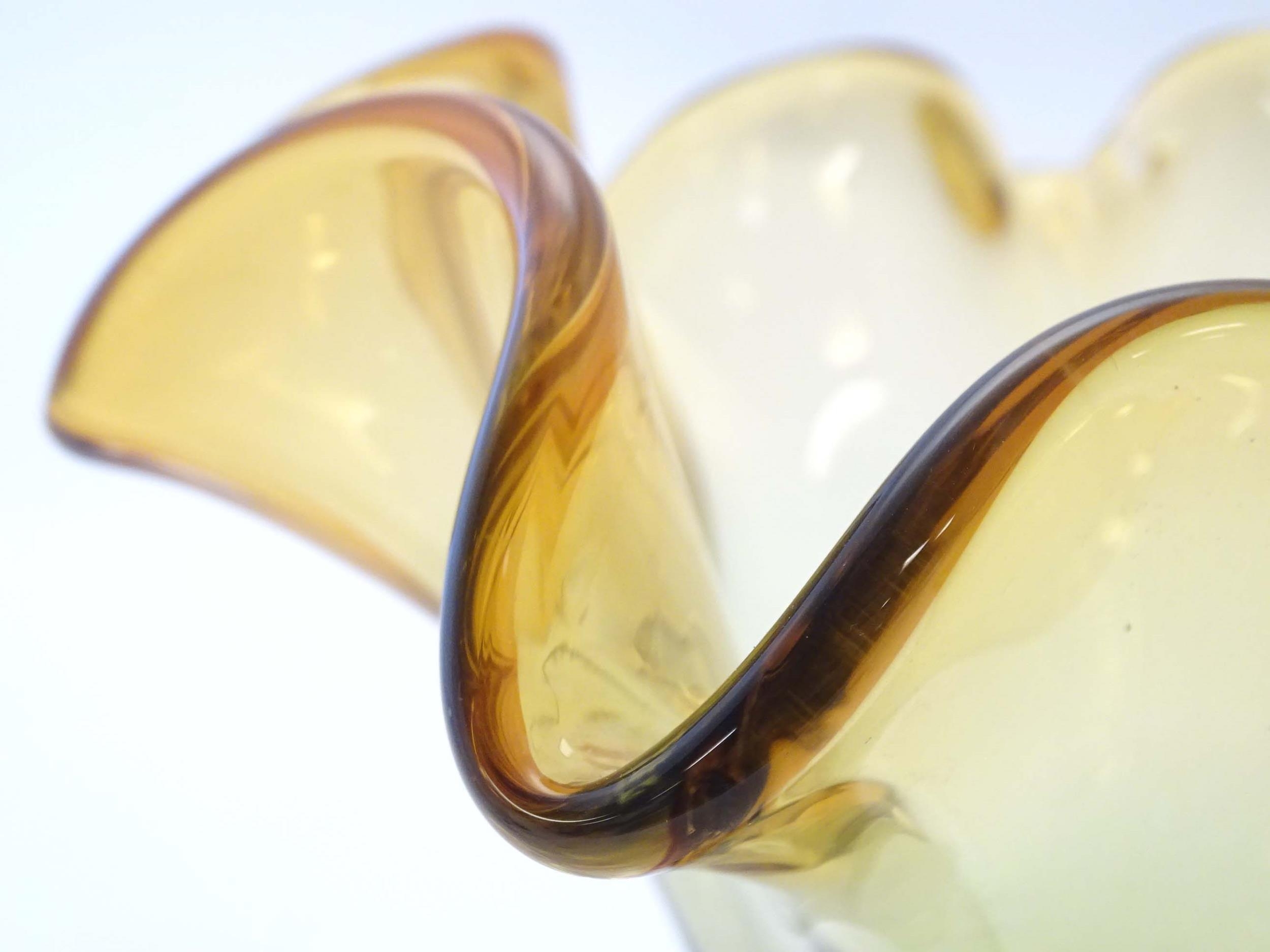 A studio glass vase with amber flared rim and body on a open clear glass base. Approx 11" high - Image 4 of 7