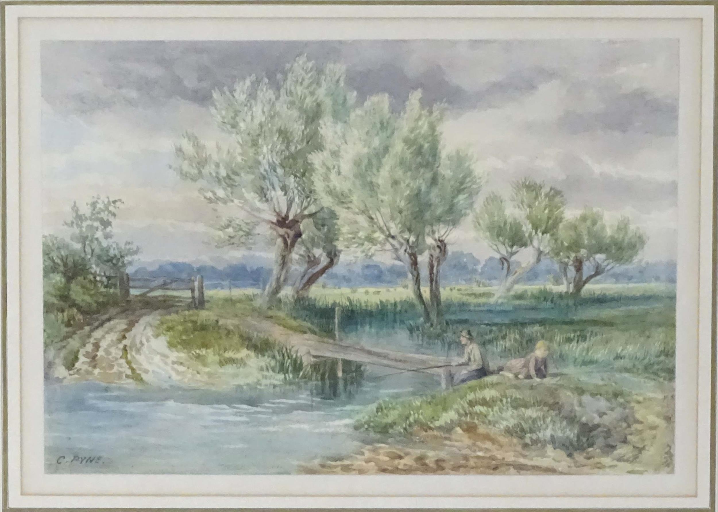 Manner of Charles Pyne, 20th century, Watercolour, A landscape scene with a man fishing by a - Image 3 of 4