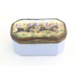 A 19thC Bilston / Battersea enamel pill box, the lid decorated with a hand painted horse racing