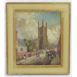 19th century, English School, Oil on canvas, A street scene with a view of St Andrew's Church from