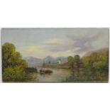 Late 19th / early 20th century, Oil on canvas, A river landscape with a moored boat and mountains