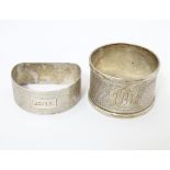 Two silver napkin rings, one hallmarked Birmingham 1947, maker B & Co., the other hallmarked Chester