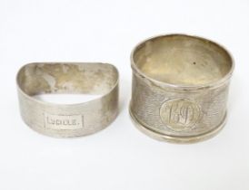Two silver napkin rings, one hallmarked Birmingham 1947, maker B & Co., the other hallmarked Chester