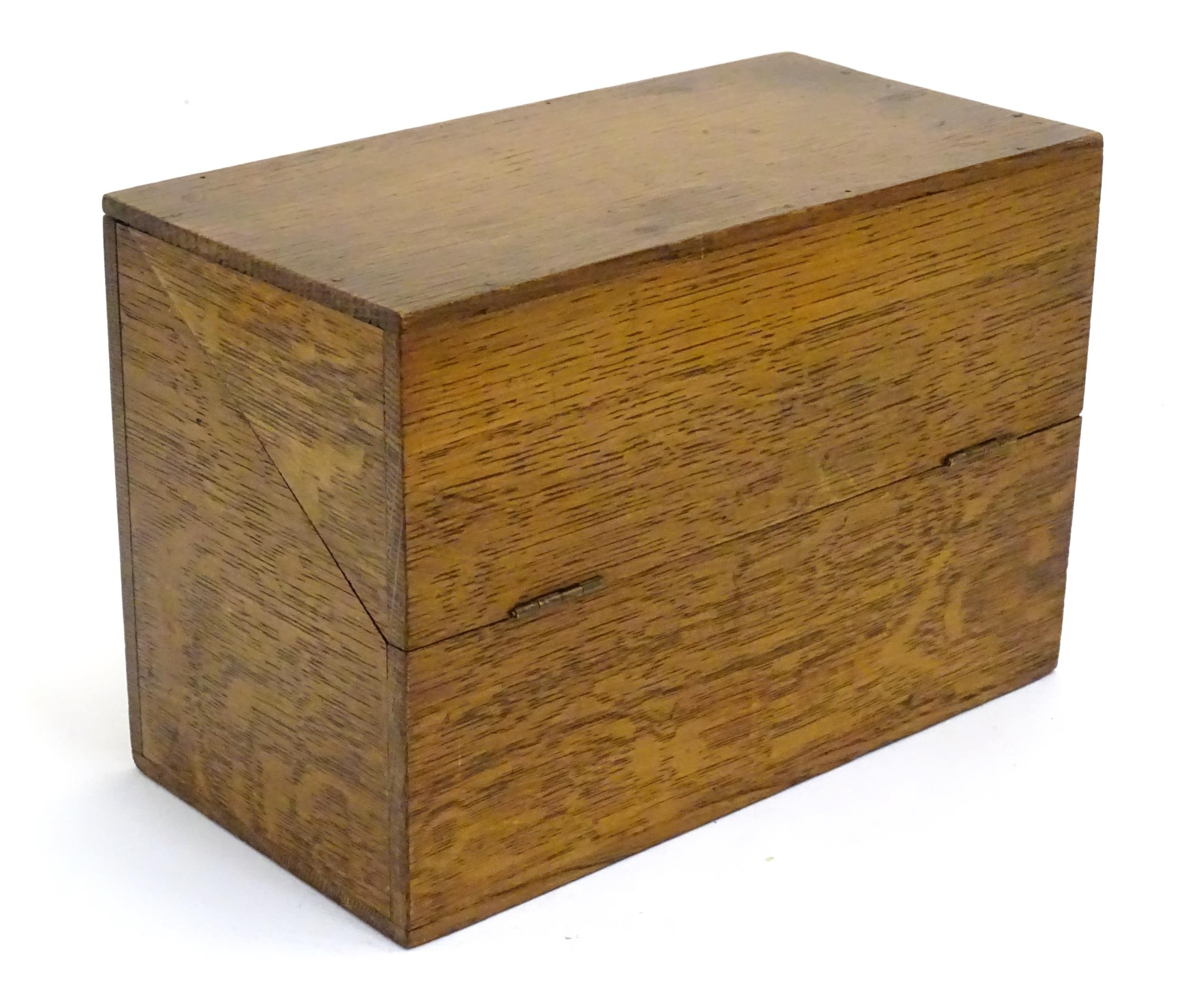 A 20thC oak correspondence / address box. Approx. 6" high x 8 3/4" wide x 4 1/2" deep Please - Image 2 of 16