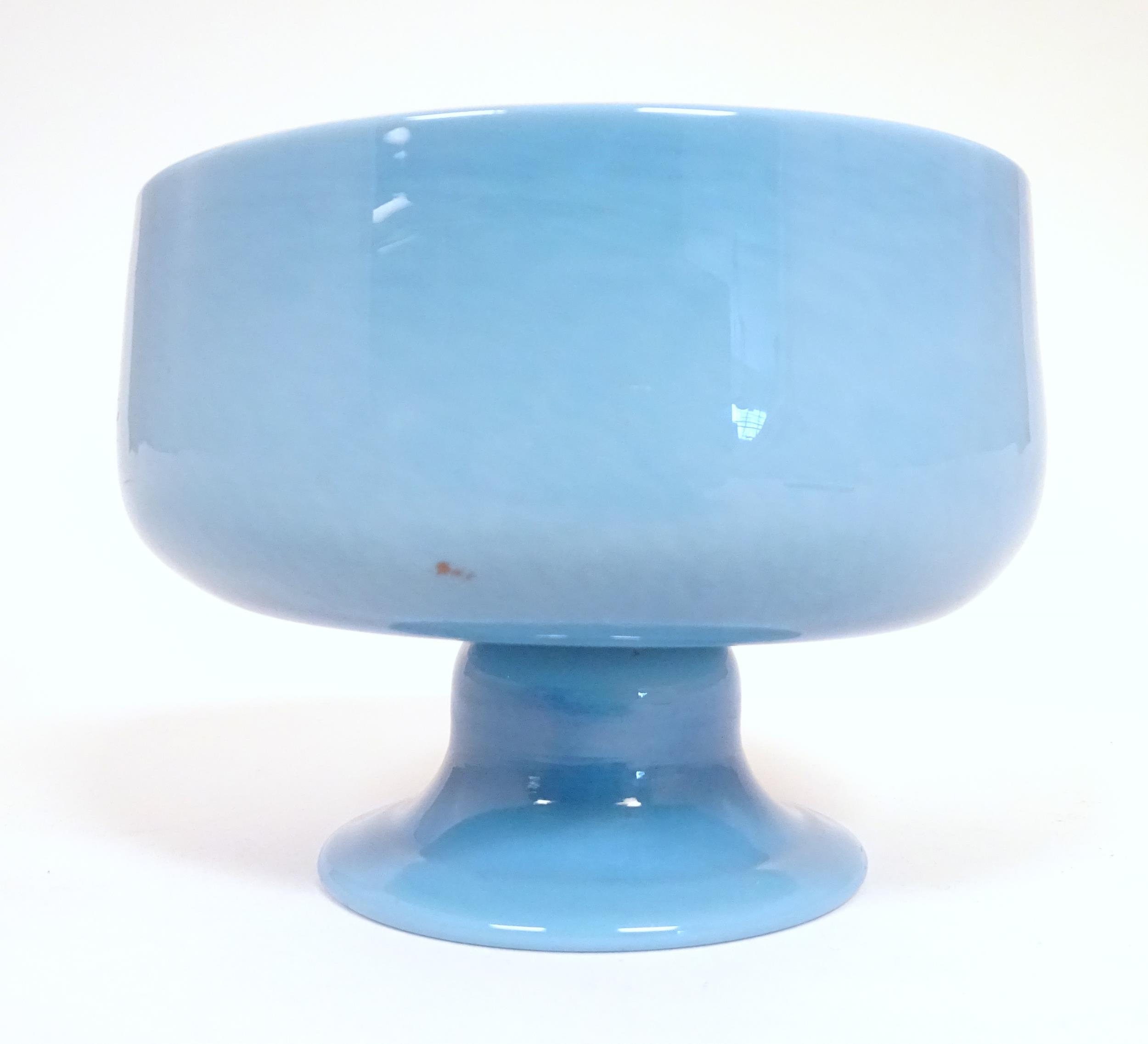 A 19thC opaline blue glass sugar bowl with pedestal foot. Approx 5" diameter x 3 3/4" high Please - Image 5 of 5