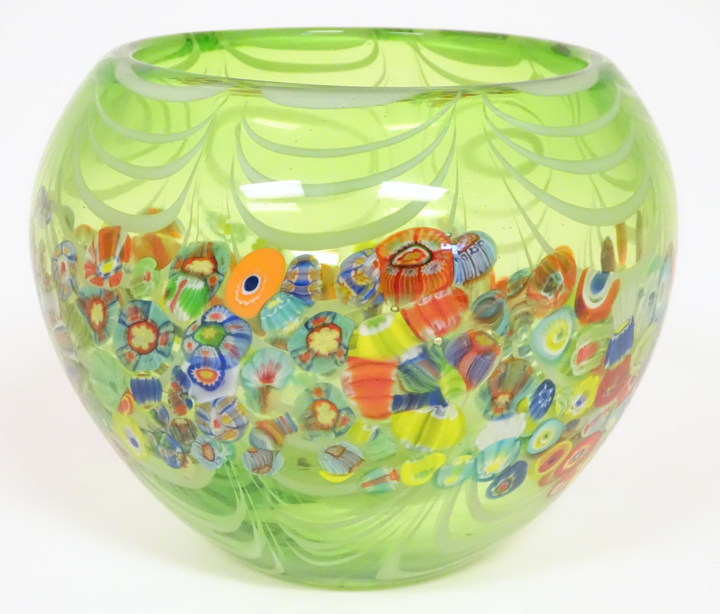 A green glass bowl with millefiori style decoration. Approx 7 1/2" high x 9" wide Please Note - we - Image 3 of 6