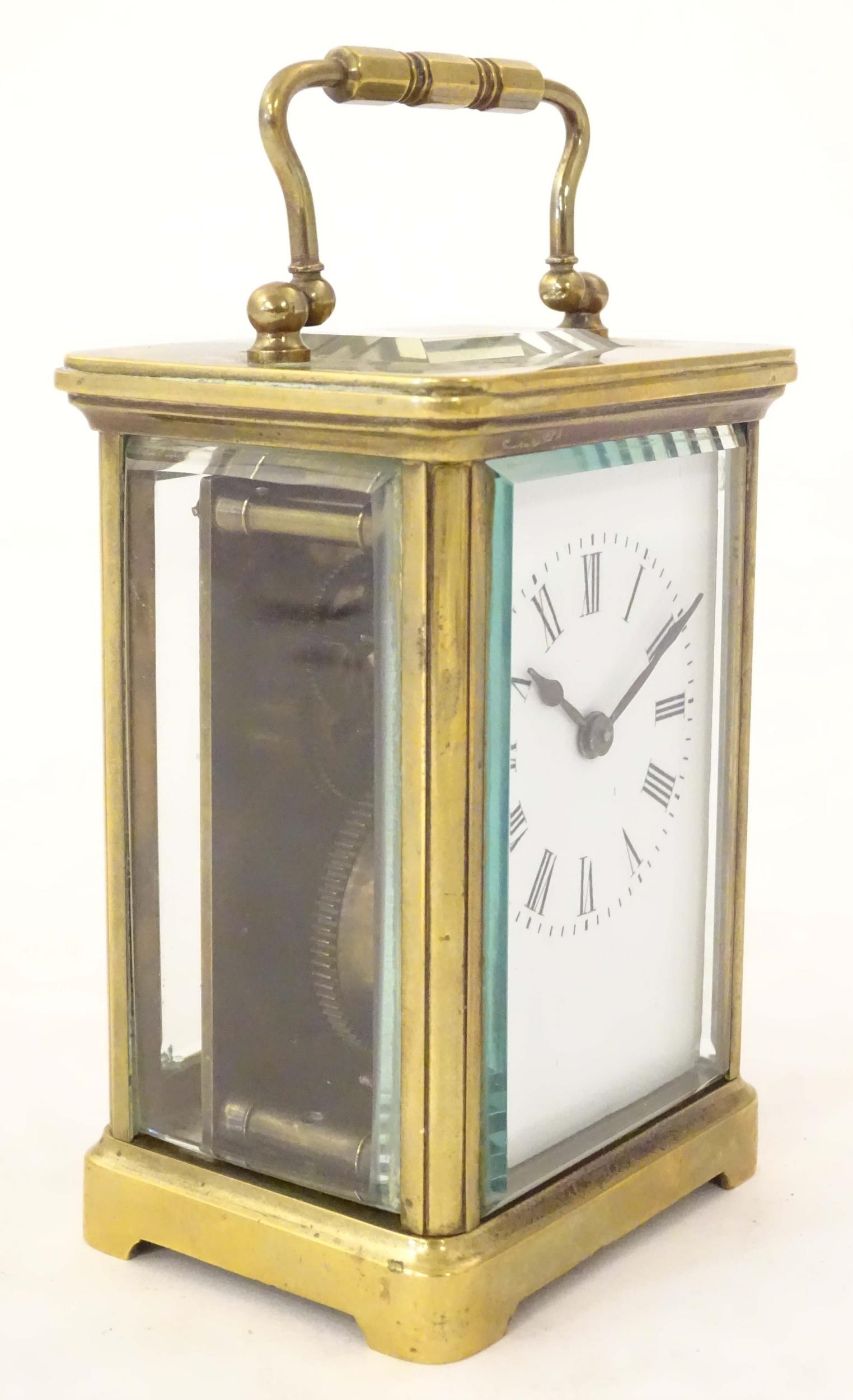 A brass carriage clock with white enamel dial. the whole 5 1/2" high Please Note - we do not make - Image 6 of 13