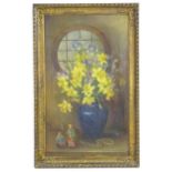 Early 20th century, English School, Oil on canvas, A still life study with daffodils and irises in a
