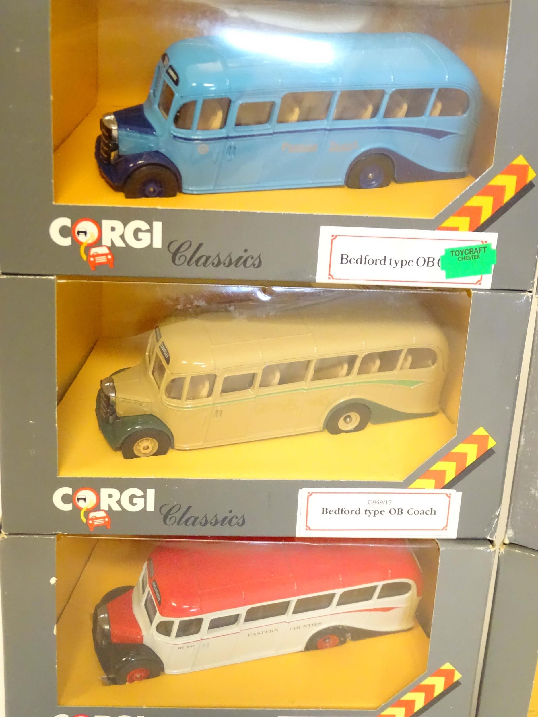 Toys: A quantity of Corgi Classics C949 series toy vehicles, comprising Bedford Type OB coaches in - Image 5 of 9