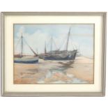 Indistinctly signed, 20th century, Watercolour, Fishing boats on the beach with two fishermen.