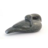 A 21stC carved hardstone model of a duck by African sculptor Chamu Rumano. Signed under. Approx.