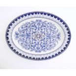 A blue and white meat plate in the pattern Teutonic by Brown Westhead Moore. Marked under BWM &