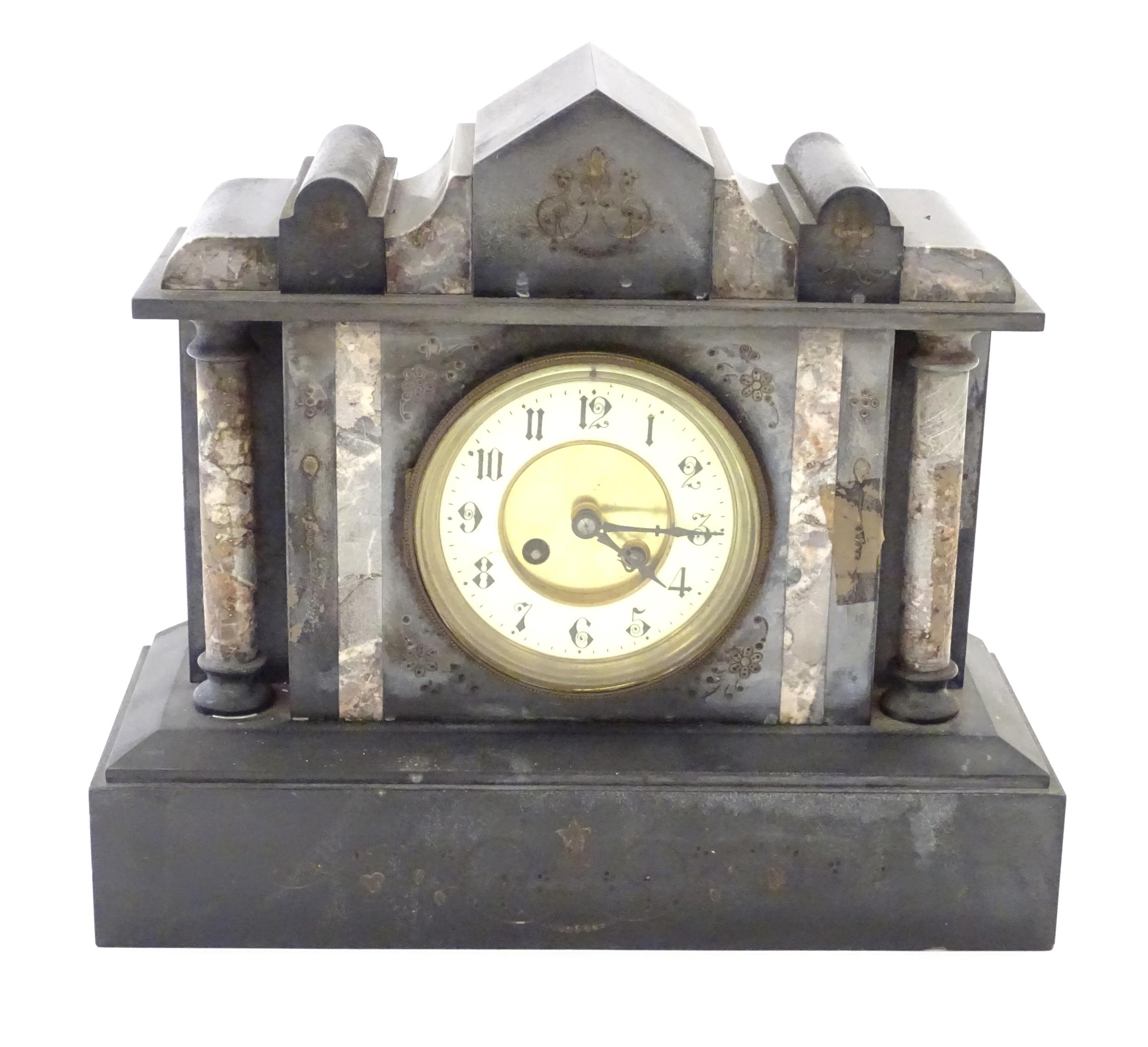 A Victorian slate and marble cased mantel clock with 8-day movement by Japy Freres. Approx 12 1/"2 - Image 3 of 9