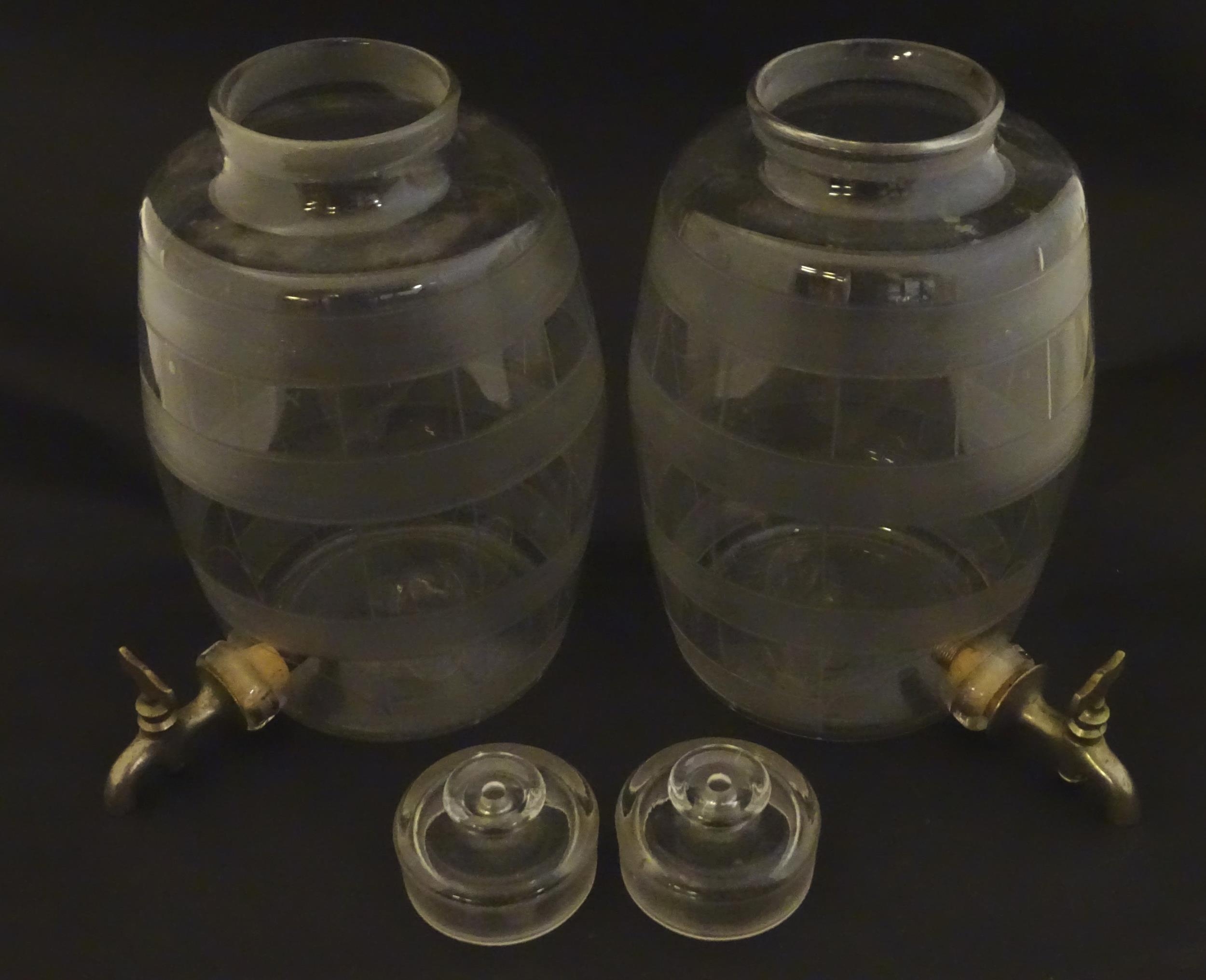 Two Victorian glass spirit / rum barrels with etched decoration and with silver plated taps. - Image 5 of 18